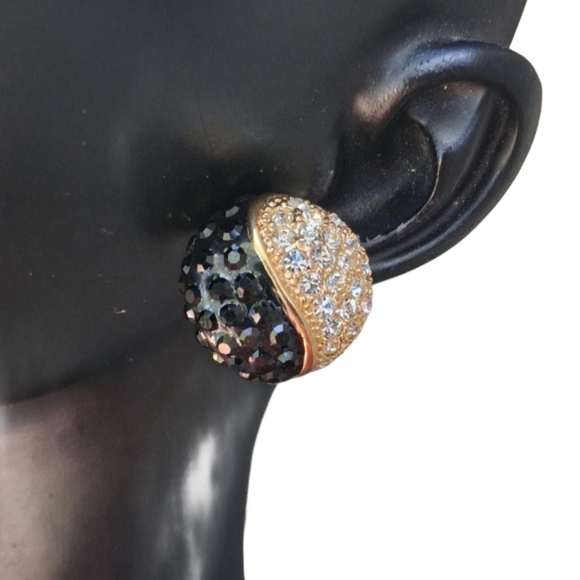 Vintage Roman Collection Domed Rhinestone Earrings – Black & Gold 80s Glam - Picture 1 of 6
